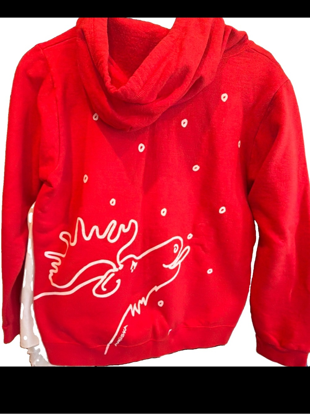 Marushka RED ZIP HOODIE white MOOSE catching Snowflake Winter Sweatshirt Women S